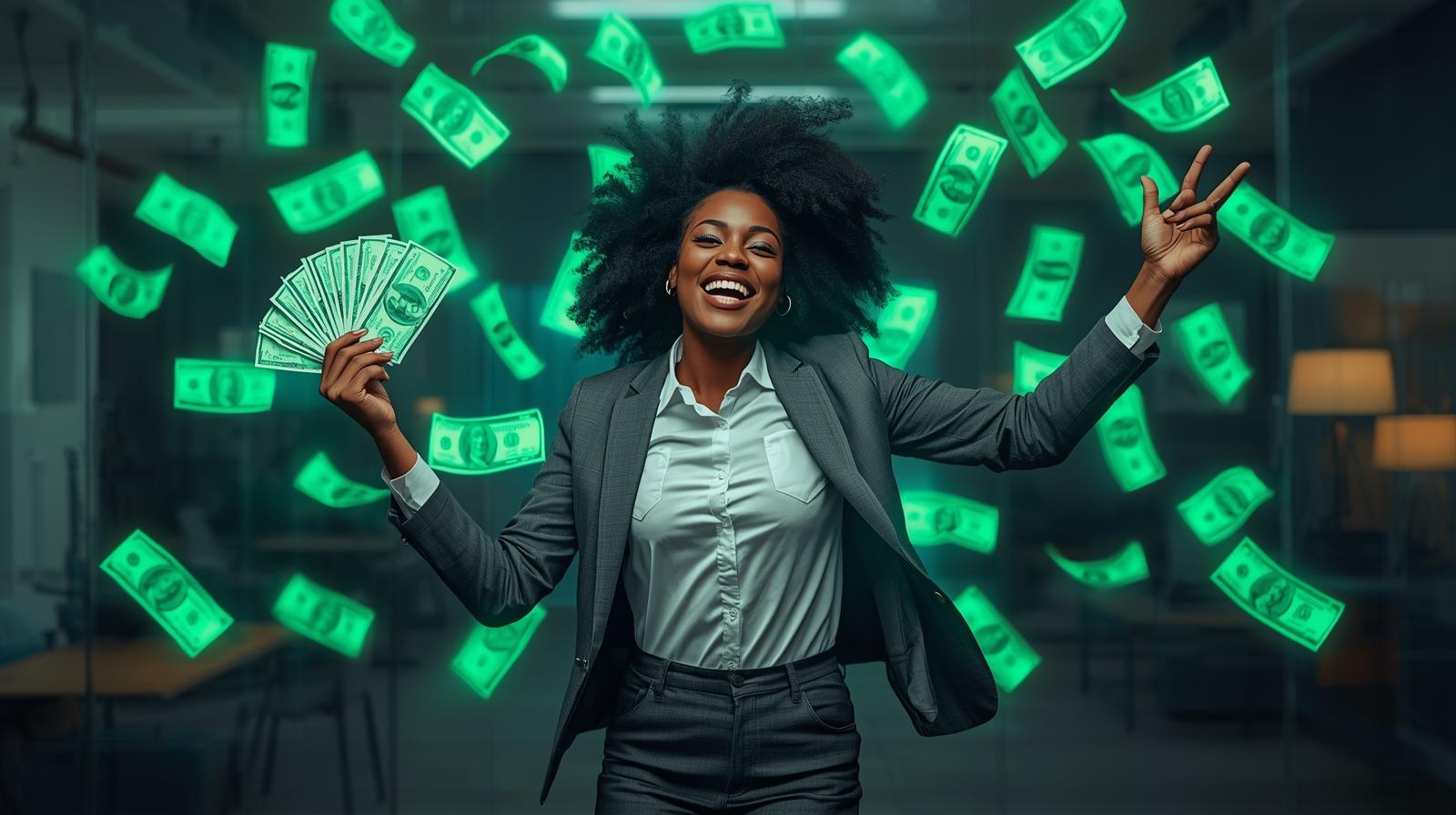 Short-term business financing options 1 -pretty woman young jumping with glowing money